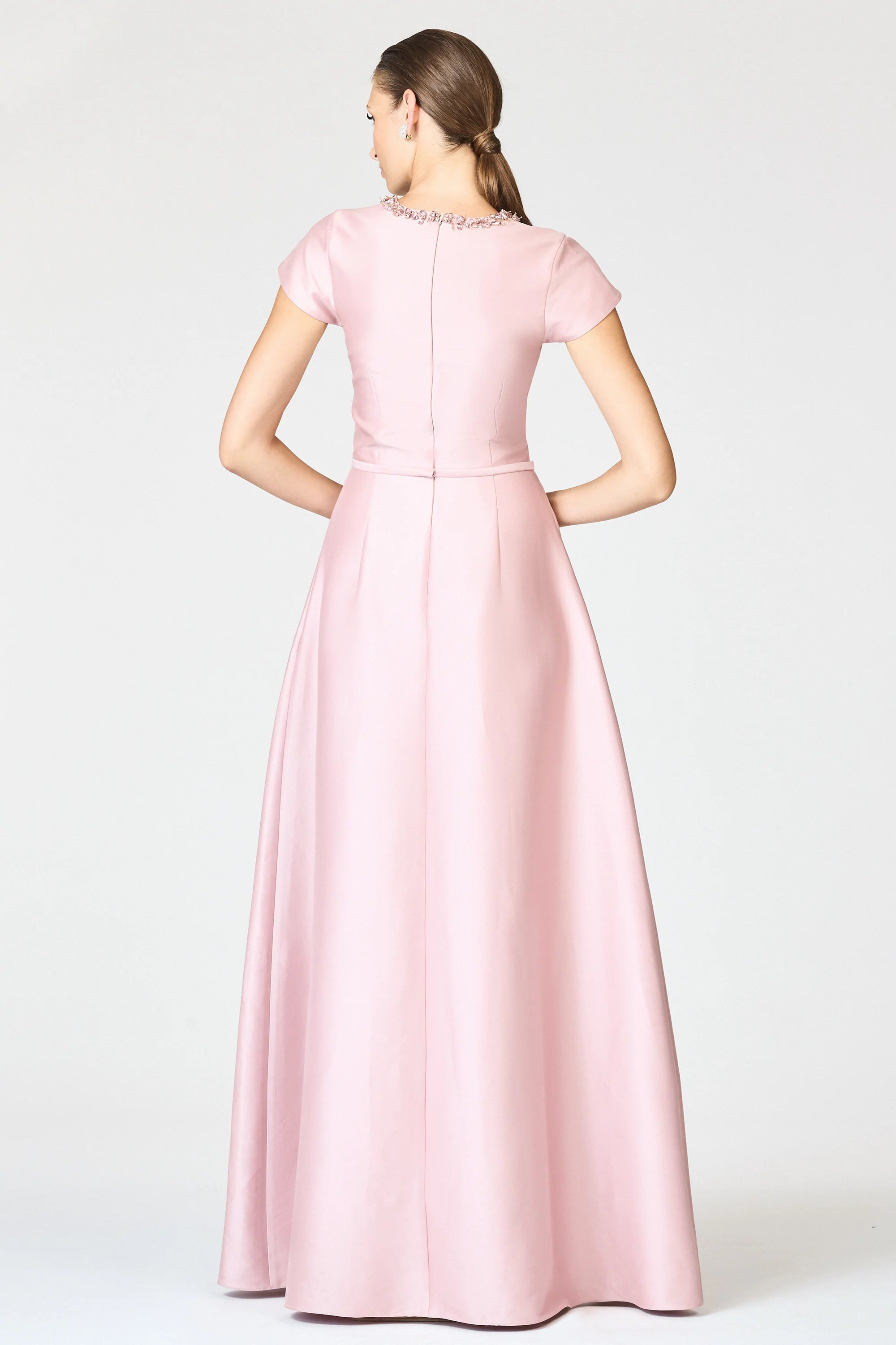 Elegant Round Neck Mother of the Bride Dresses with Beaded Neckline Detail, Cap Sleeves, Bow Belt Accent and Flowing Satin A-Line Maxi Silhouette Formal Gown