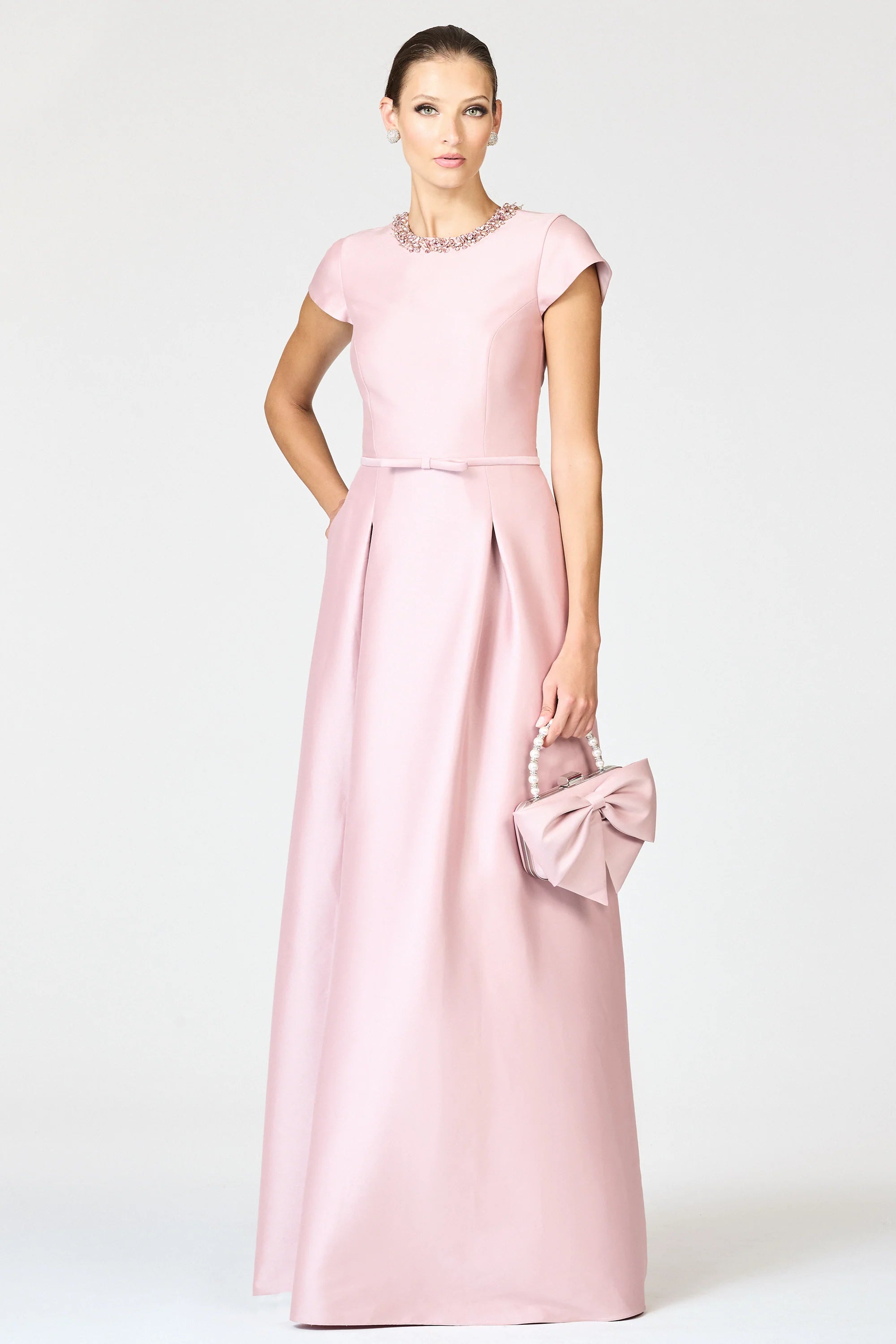 Elegant Round Neck Mother of the Bride Dresses with Beaded Neckline Detail, Cap Sleeves, Bow Belt Accent and Flowing Satin A-Line Maxi Silhouette Formal Gown