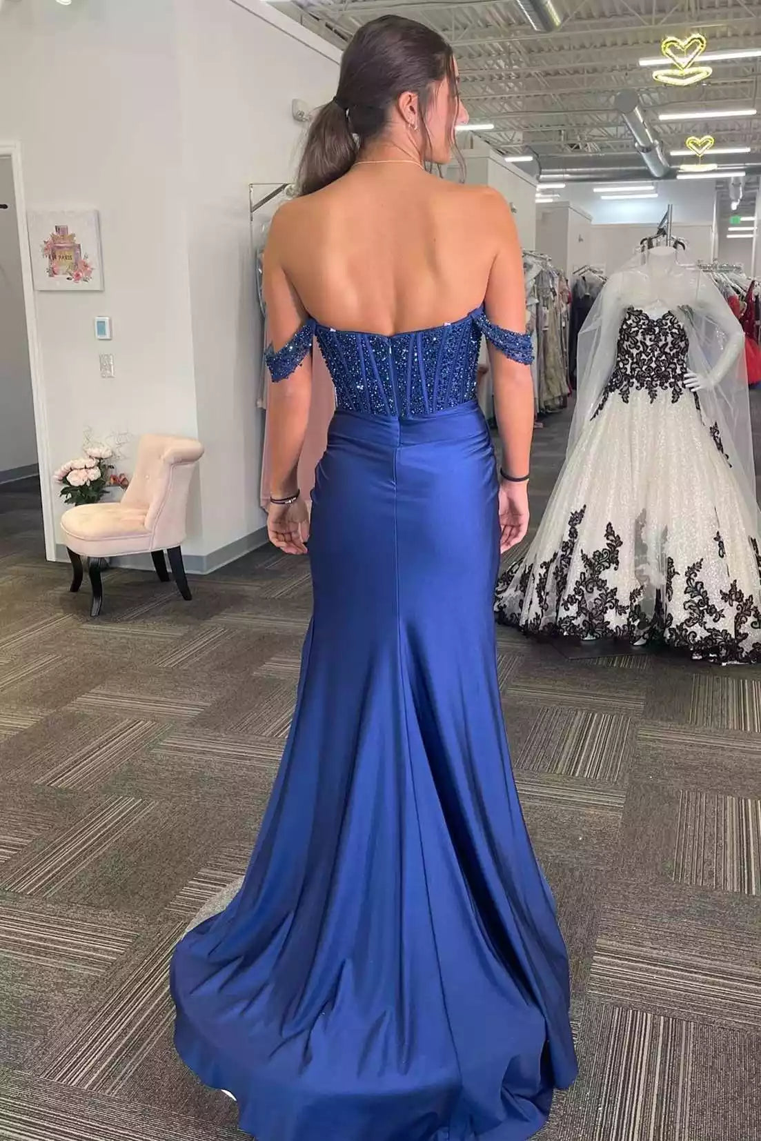Elegant Royal Blue Mermaid Gown with Beaded Off-the-Shoulder Bodice & Satin Skirt