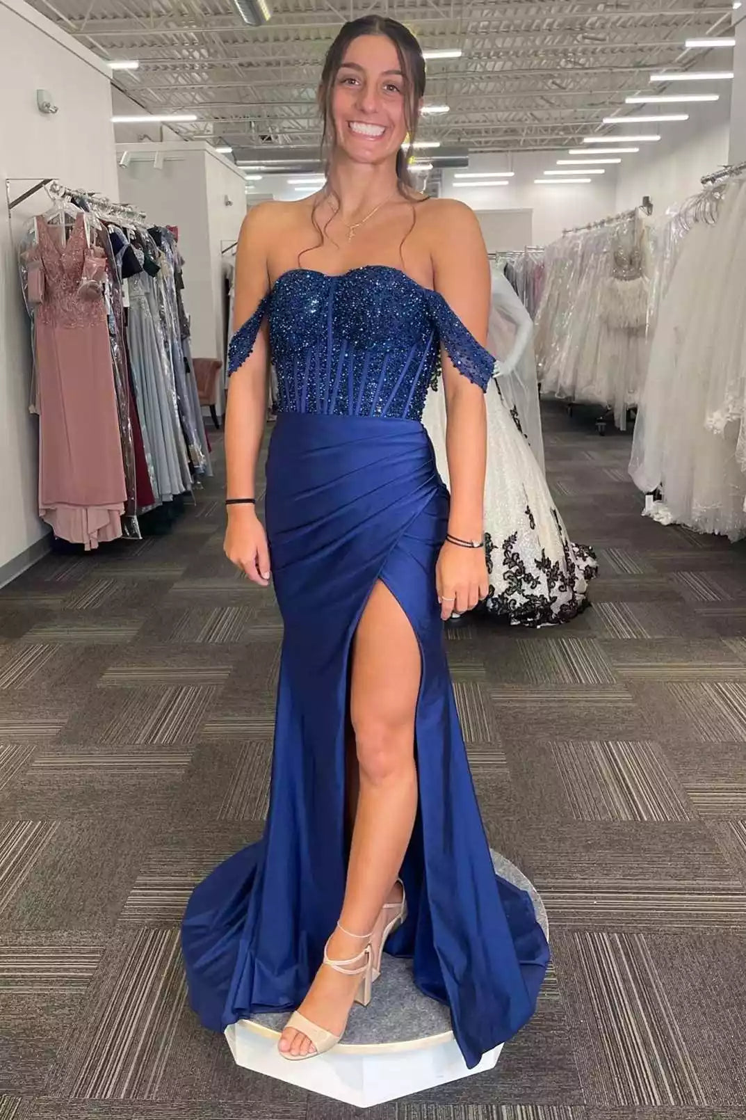 Elegant Royal Blue Mermaid Gown with Beaded Off-the-Shoulder Bodice & Satin Skirt