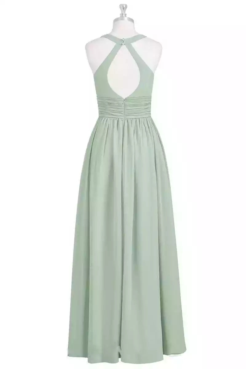 Elegant Sage Green Chiffon Gown with Halter Keyhole Back & Ruched Bodice