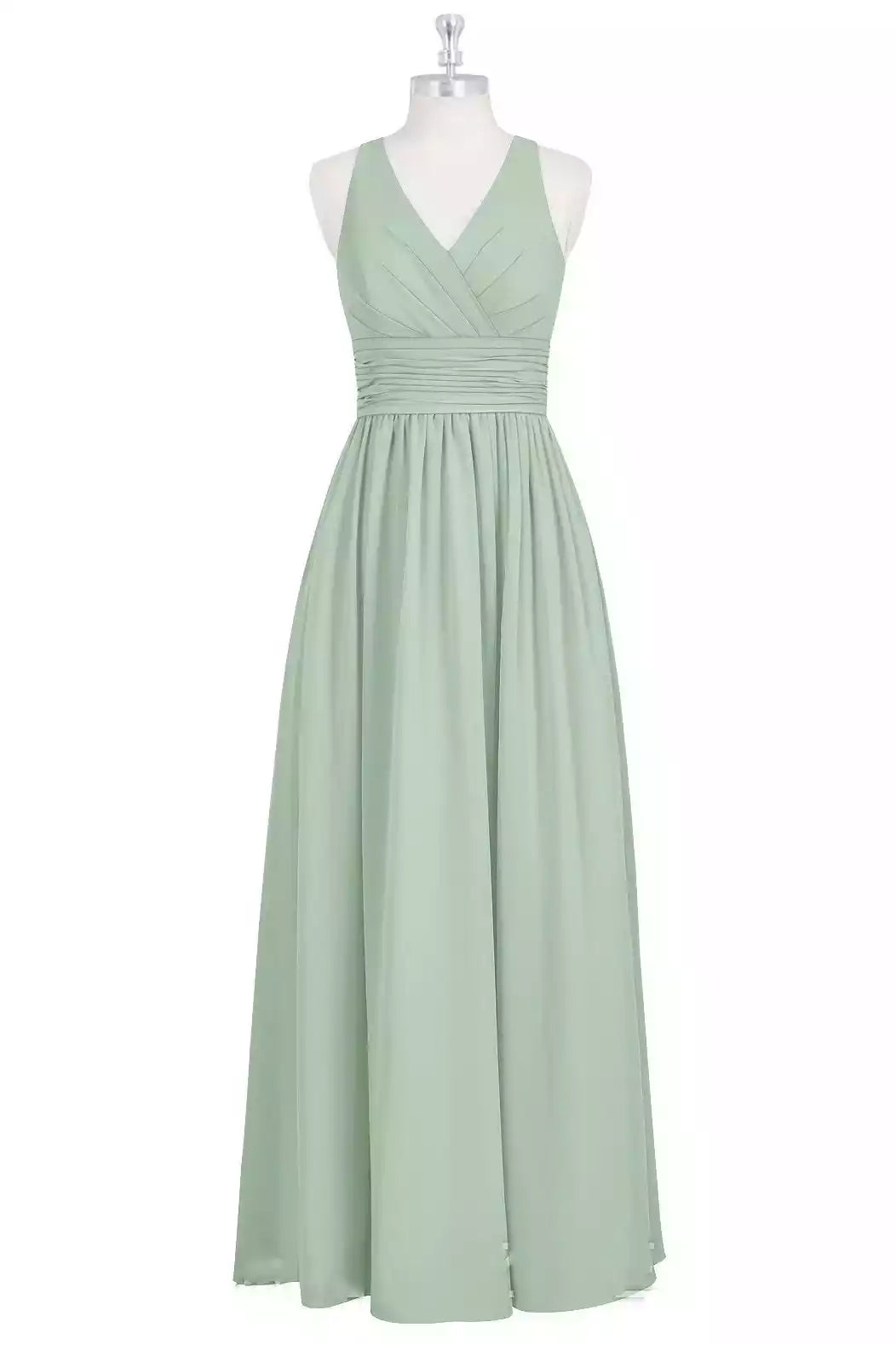 Elegant Sage Green Chiffon Gown with Halter Keyhole Back & Ruched Bodice