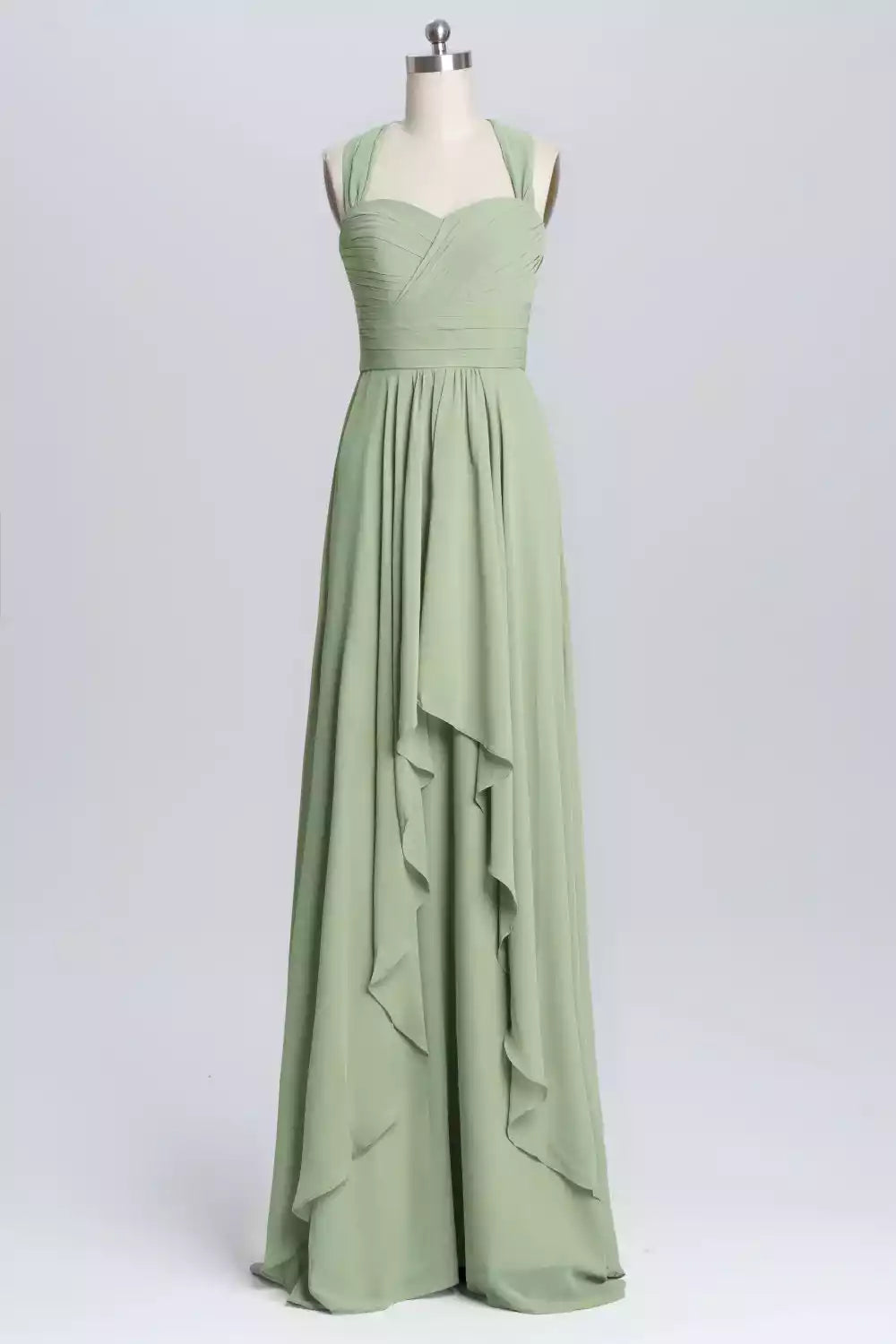 Elegant Sage Green Chiffon Gown with Halter Tie-Back & Ruched Bodice