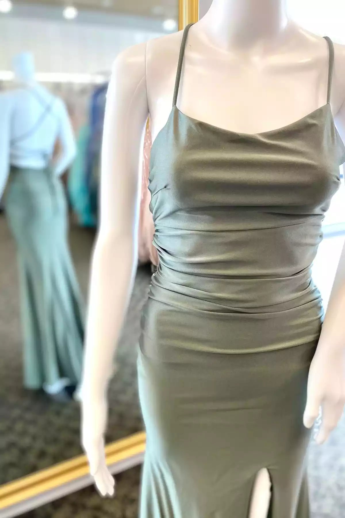 Elegant Sage Green Satin Mermaid Gown with Spaghetti Straps