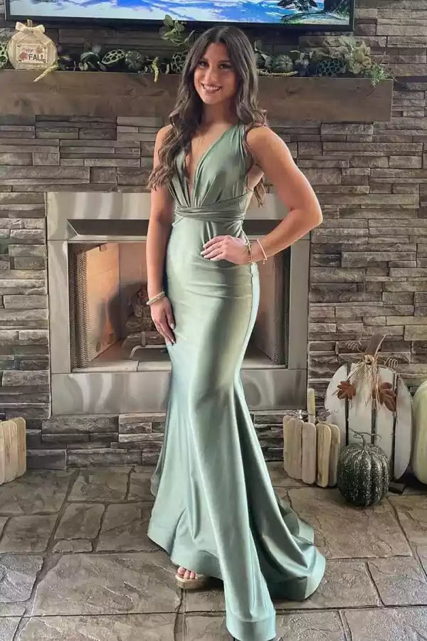 Elegant Seafoam Green Satin Gown with Halter Cut-Out Back & Mermaid Train