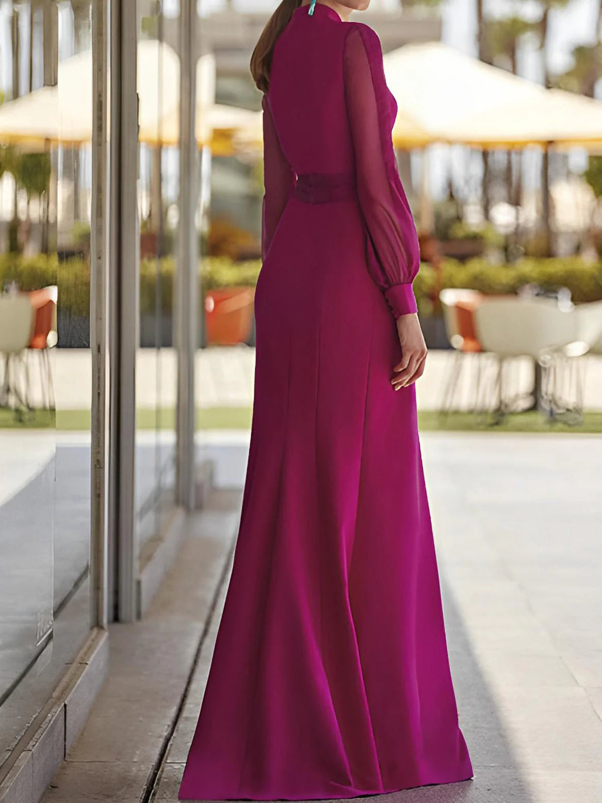 Elegant Sheath/Column V-Neck Long Sleeve Floor-Length Prom Dress with Belt