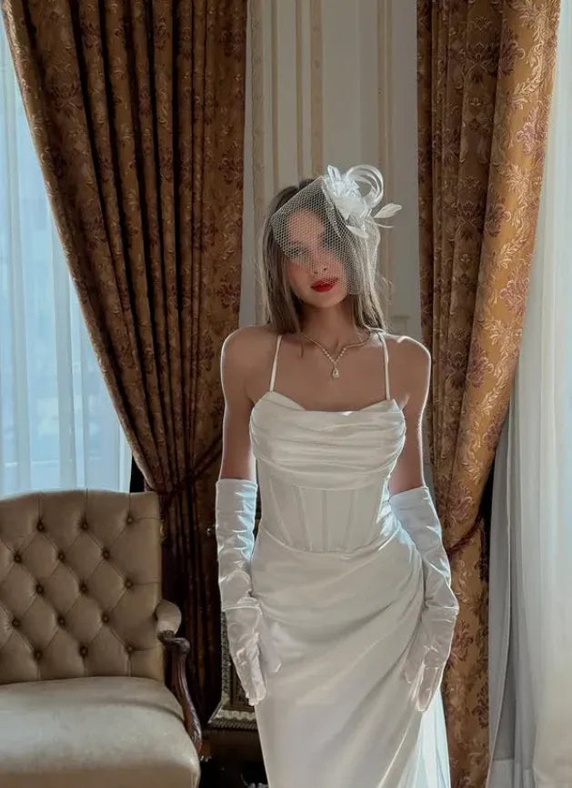 Elegant Sheath Spaghetti-Strap Cowl Neck Ivory Satin Gown