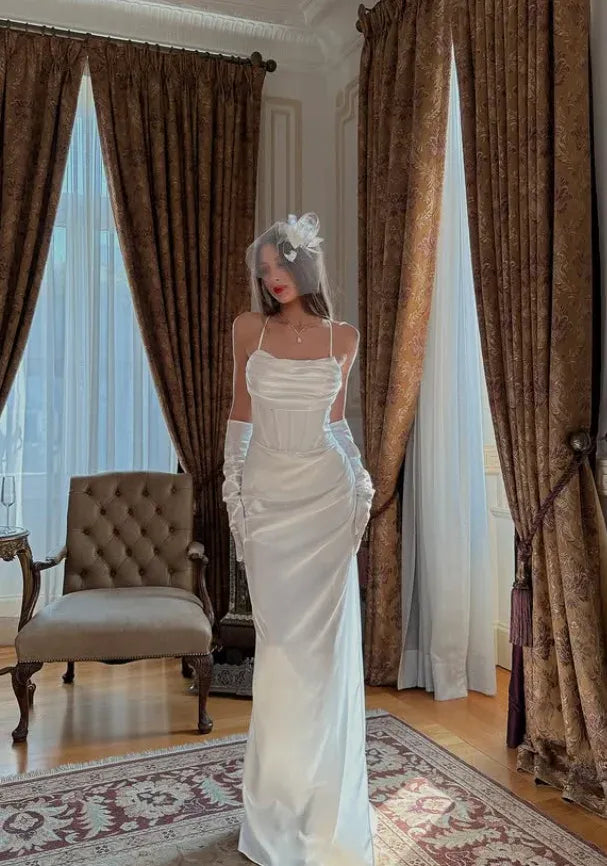 Elegant Sheath Spaghetti-Strap Cowl Neck Ivory Satin Gown