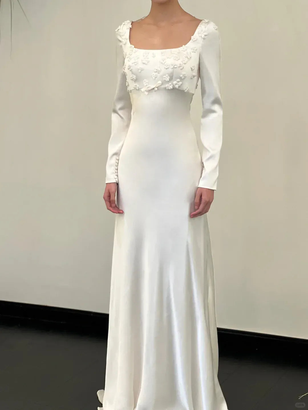 Elegant Sheath Square-Neck Long-Sleeve 3D-Floral Floor-Length Prom Dresses
