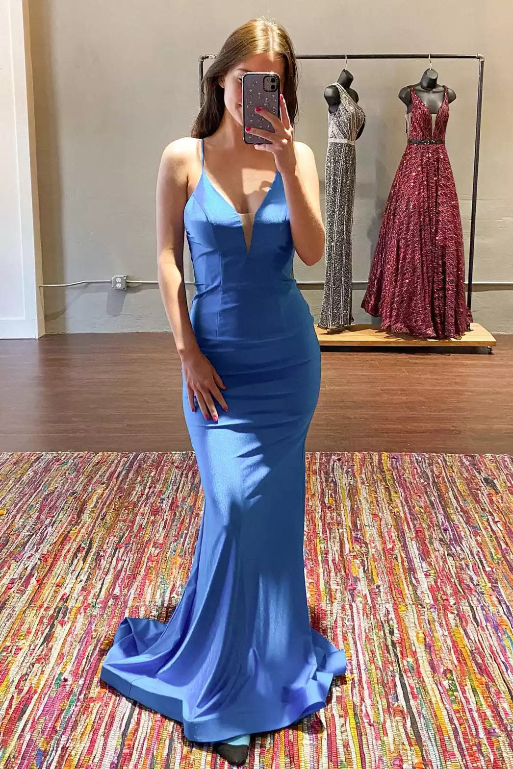 Elegant Sky Blue Mermaid Gown with Deep V-Neckline & Open Back