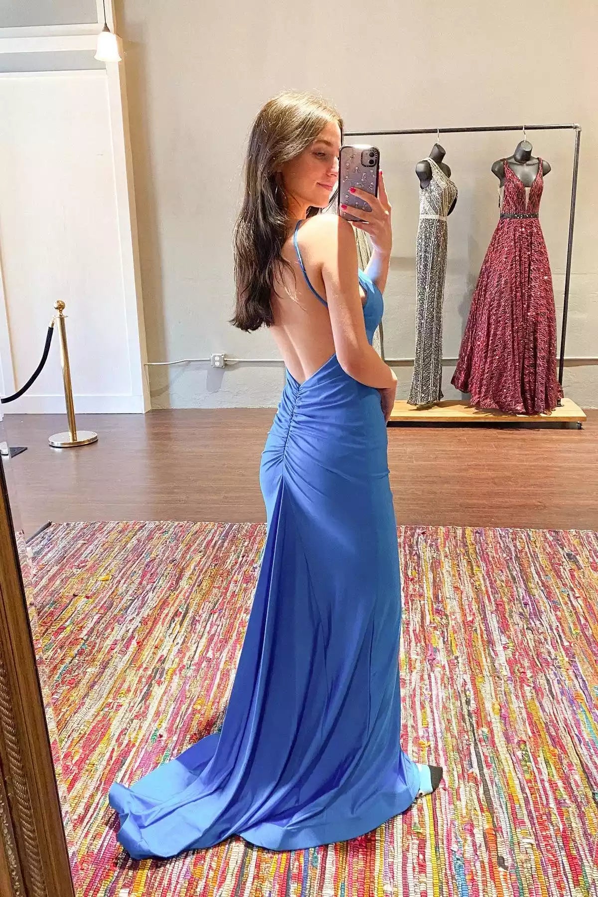Elegant Sky Blue Mermaid Gown with Deep V-Neckline & Open Back