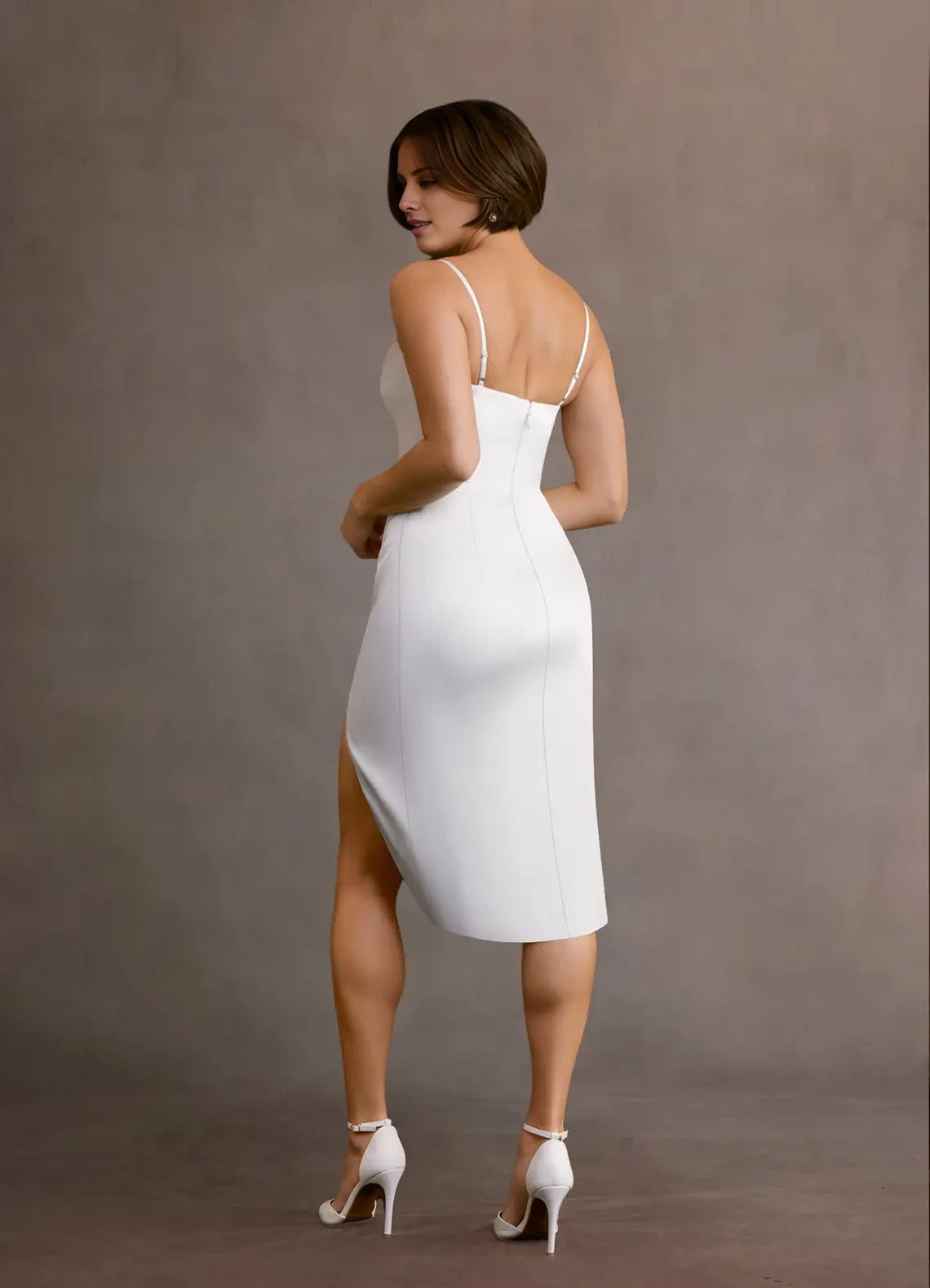Elegant Spaghetti Straps Sleeveless Satin Back Zip Knee-Length Side Slit evening dress