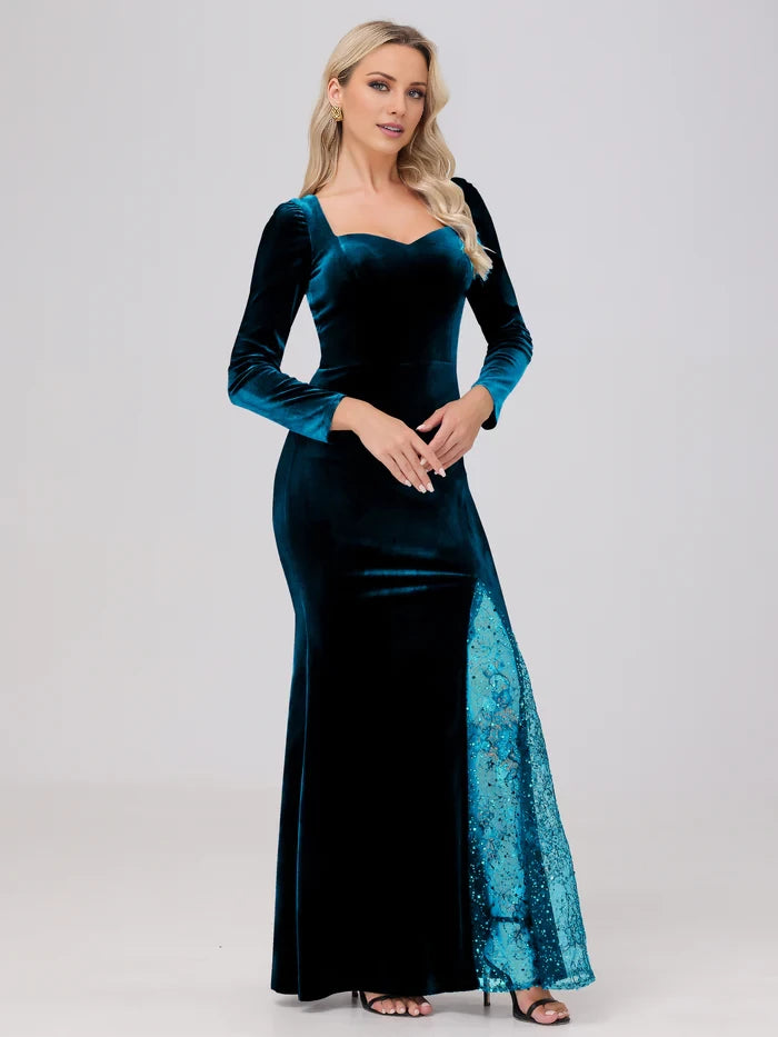 Elegant Sweetheart Long Sleeves Patchwork Sequin Lace Velvet Mother of the Bride Dresses