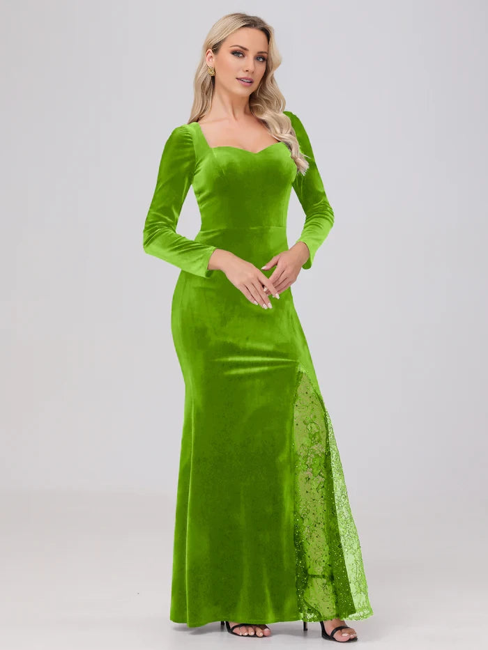 Elegant Sweetheart Long Sleeves Patchwork Sequin Lace Velvet Mother of the Bride Dresses