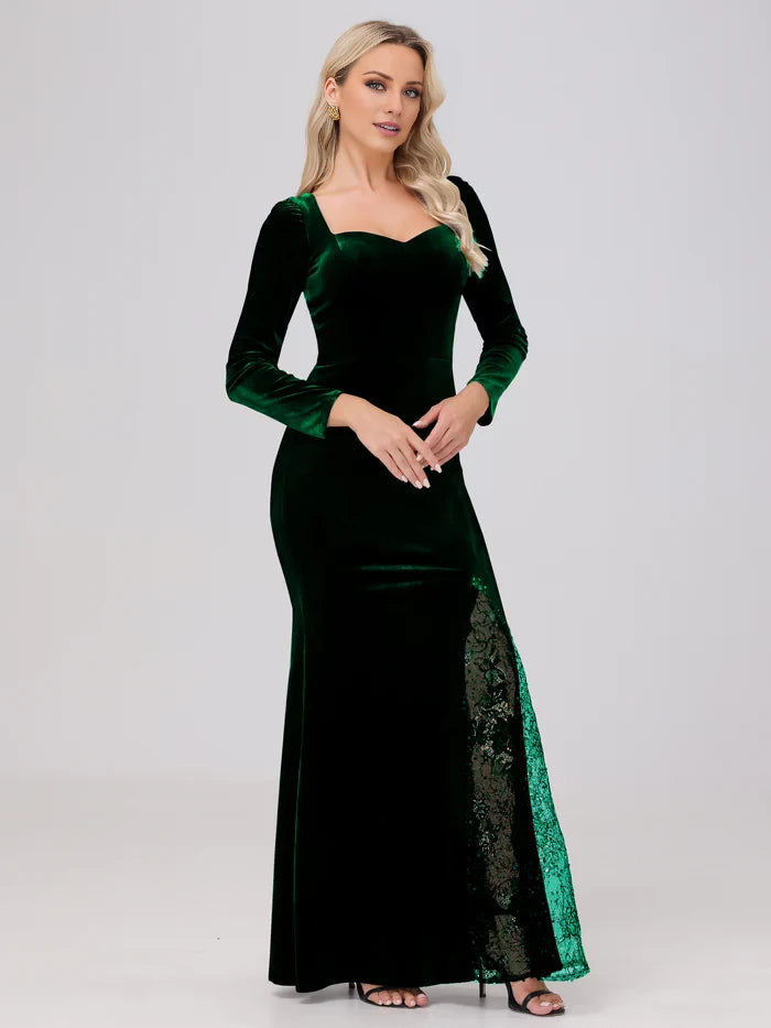 Elegant Sweetheart Long Sleeves Patchwork Sequin Lace Velvet Mother of the Bride Dresses