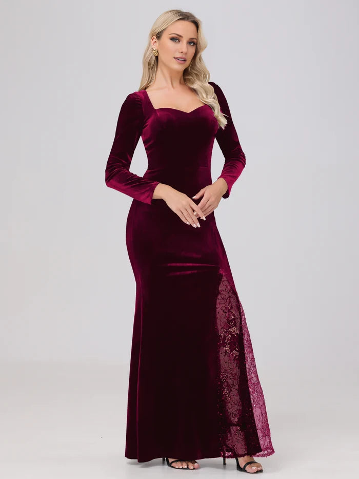 Elegant Sweetheart Long Sleeves Patchwork Sequin Lace Velvet Mother of the Bride Dresses