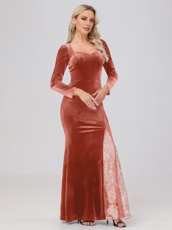 Elegant Sweetheart Long Sleeves Patchwork Sequin Lace Velvet Mother of the Bride Dresses