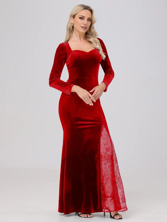 Elegant Sweetheart Long Sleeves Patchwork Sequin Lace Velvet Mother of the Bride Dresses