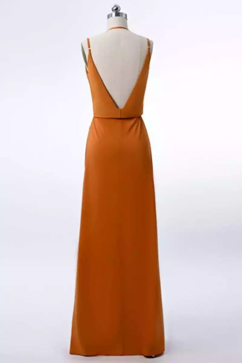 Elegant Terracotta Satin Gown with Deep V-Neck & Open Back