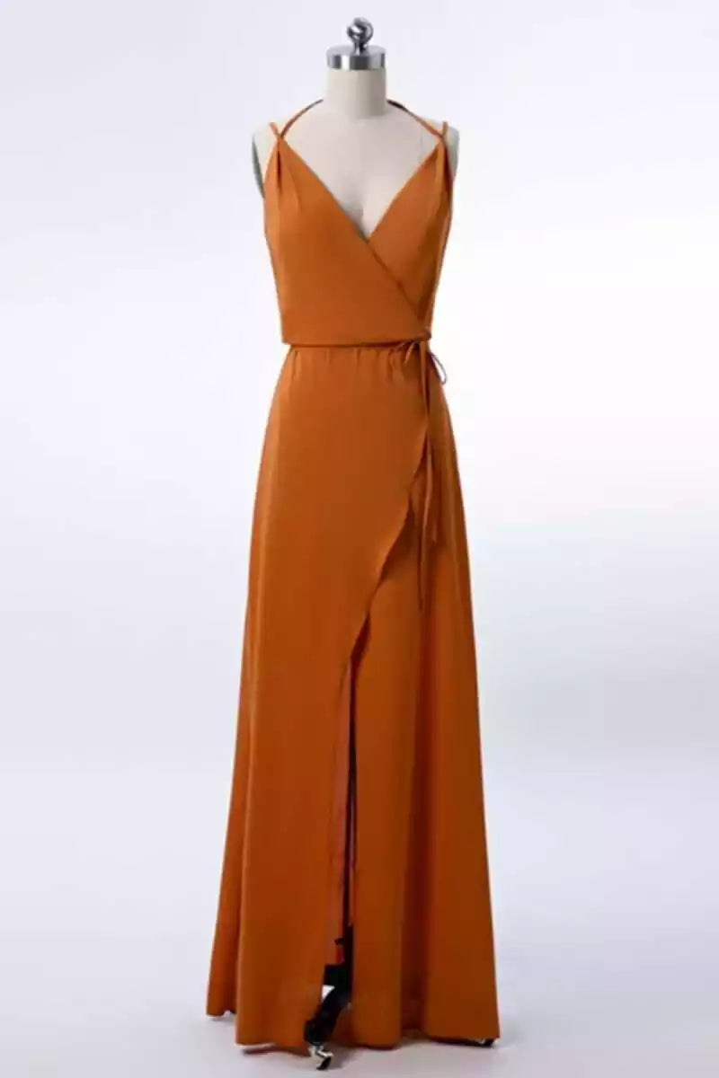 Elegant Terracotta Satin Gown with Deep V-Neck & Open Back