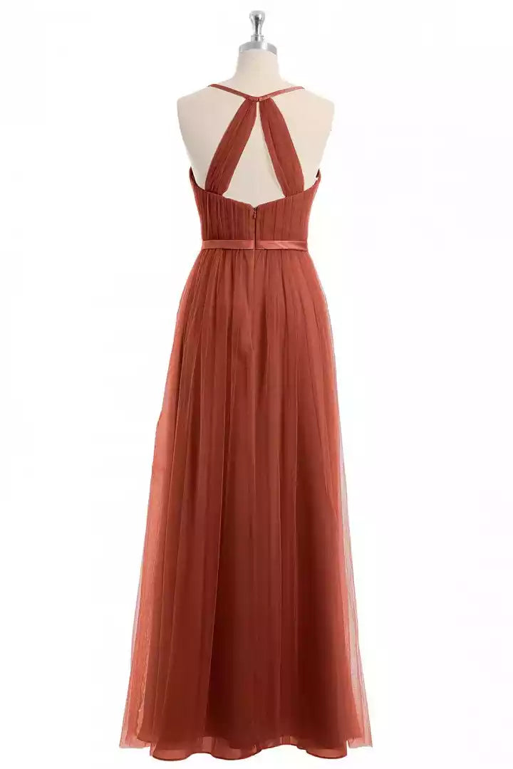 Elegant Terracotta Tulle Gown with Halter Back & Ruched Bodice