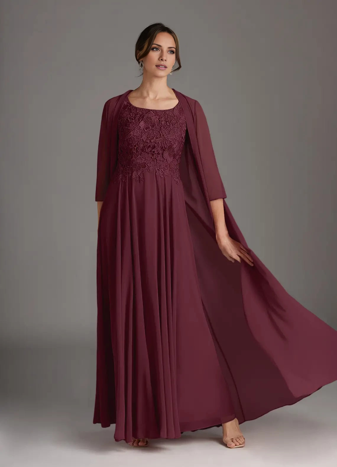 Elegant Two Piece Scoop Neck Back Zip Floor-Length Mother of the Bride Dress
