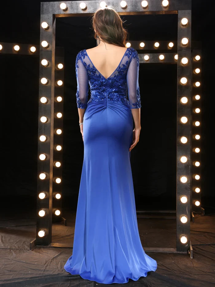 Elegant V Neck Half Sleeves Lace Pleated Back Zip Asymmetrical Prom Dresses