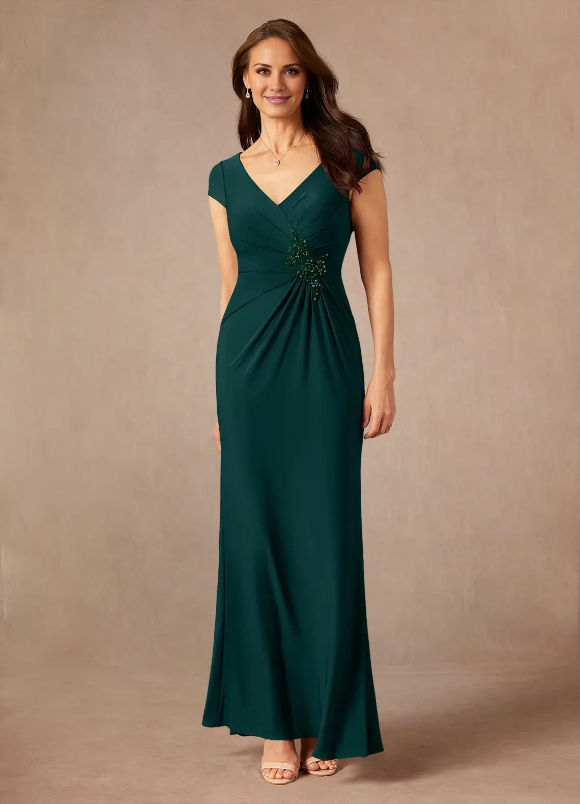 Elegant V Neck Short Sleeve Back Zip Floor-Length Mother of the Bride Dress