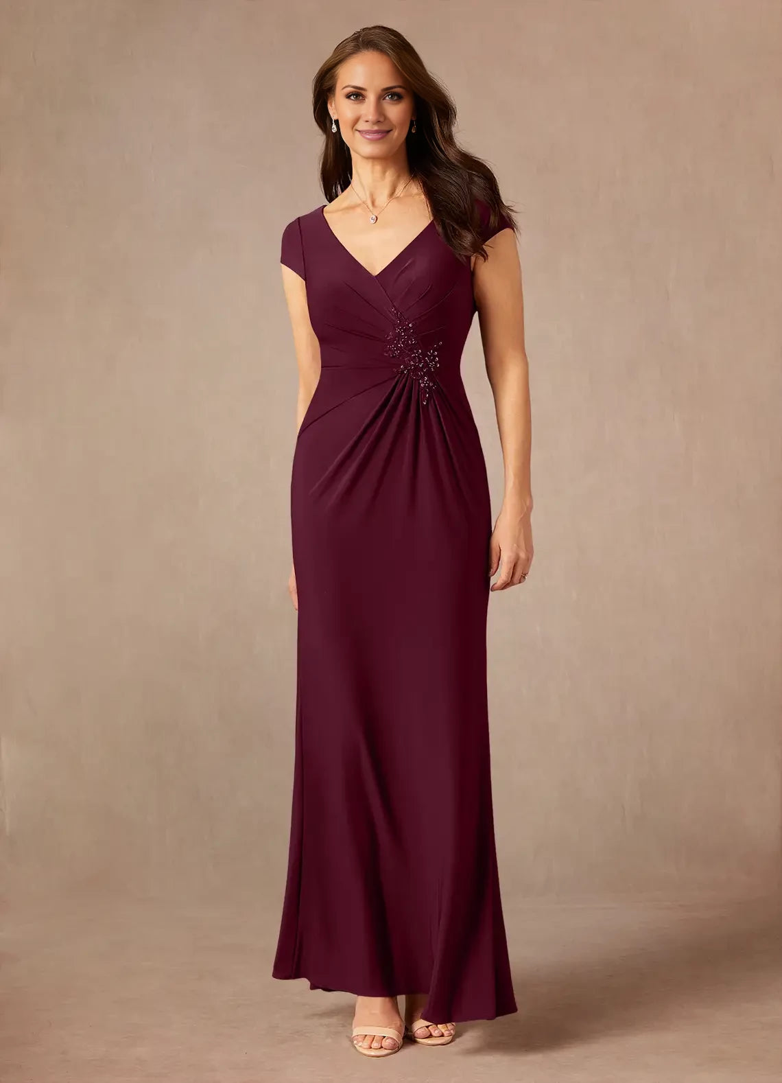 Elegant V Neck Short Sleeve Back Zip Floor-Length Mother of the Bride Dress
