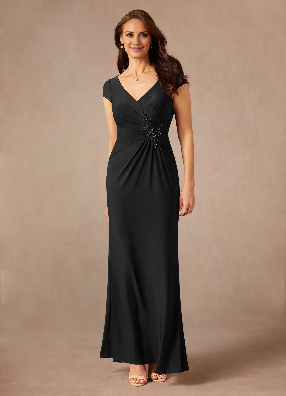Elegant V Neck Short Sleeve Back Zip Floor-Length Mother of the Bride Dress