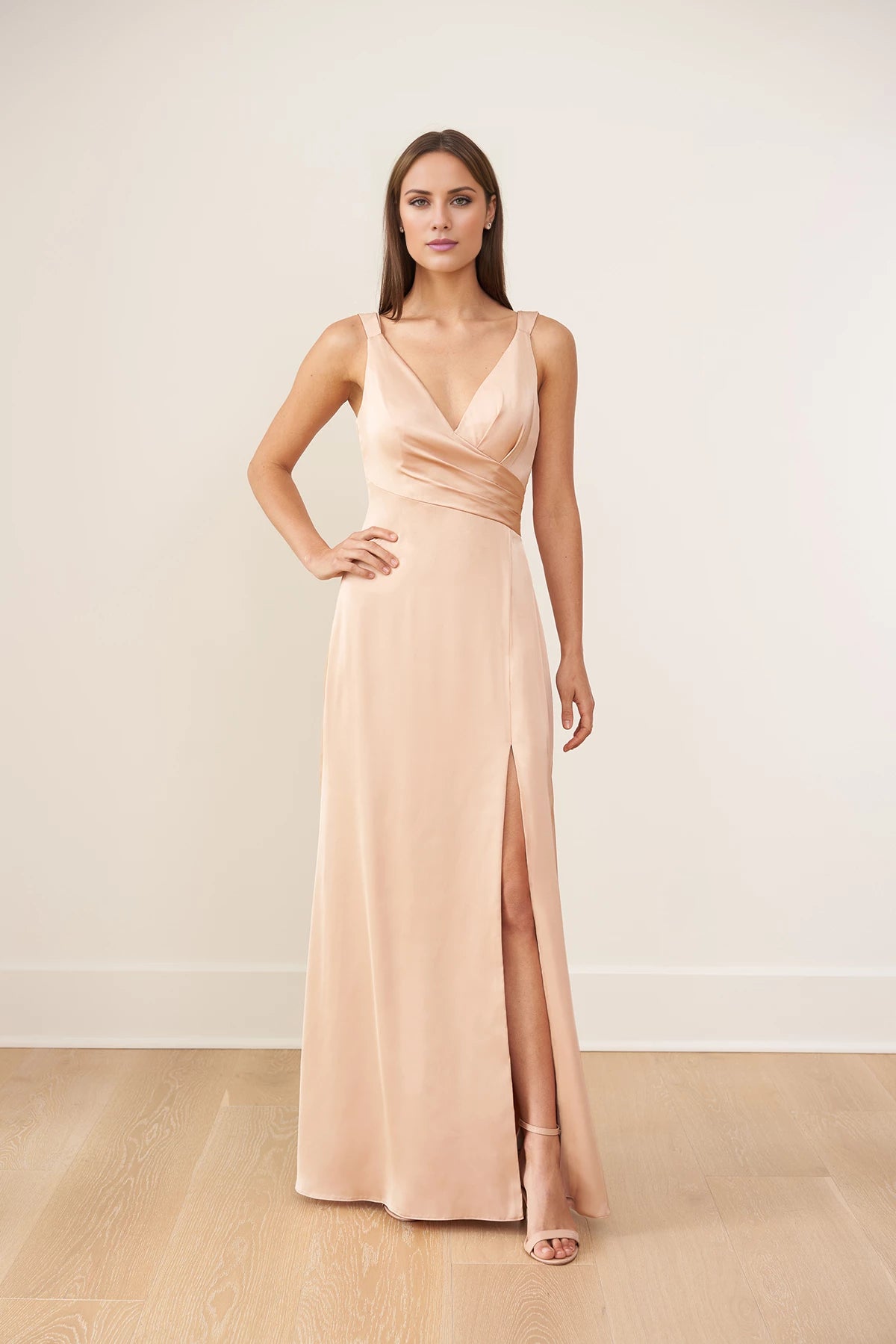 Elegant V Neck Sleeveless Back Zip Floor-Length Side Slit Bridesmaid Dress