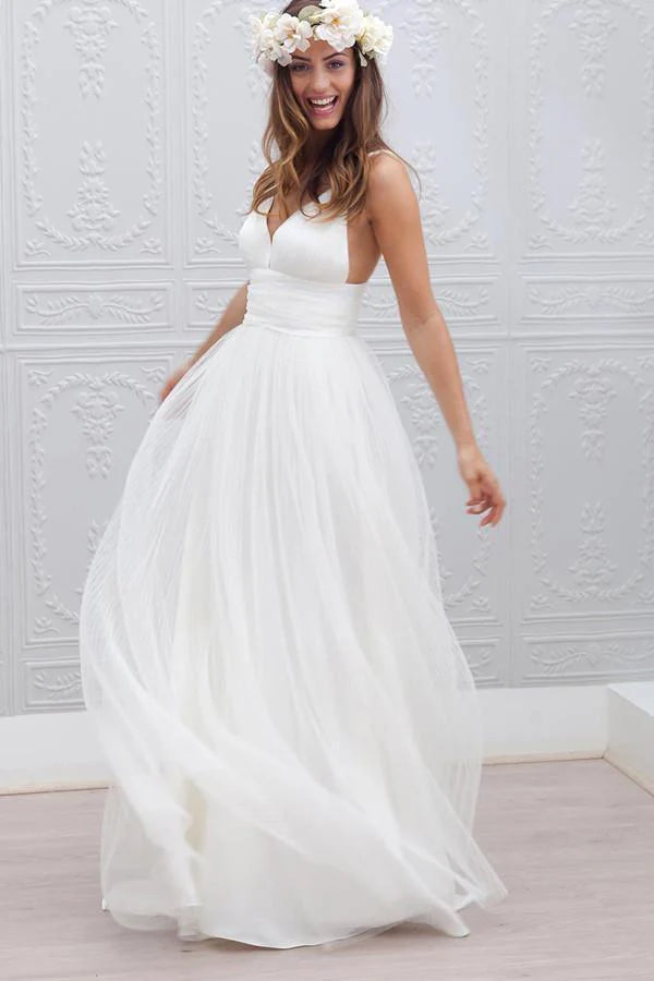 Elegant Wedding Dress with Deep V-Neckline and Pleated Tulle A-Line Skirt