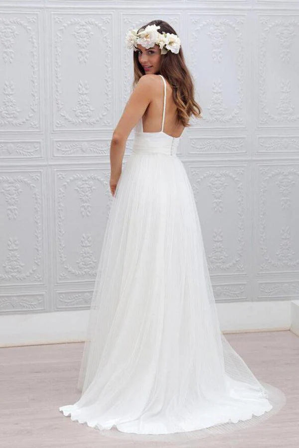 Elegant Wedding Dress with Deep V-Neckline and Pleated Tulle A-Line Skirt