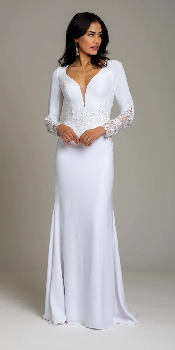 Elegant Wedding Dress with Plunging V-Neck, Sheer Illusion Back and Lace Sleeves