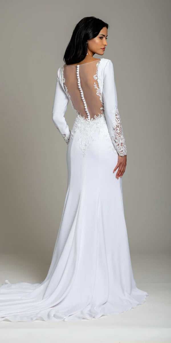 Elegant Wedding Dress with Plunging V-Neck, Sheer Illusion Back and Lace Sleeves