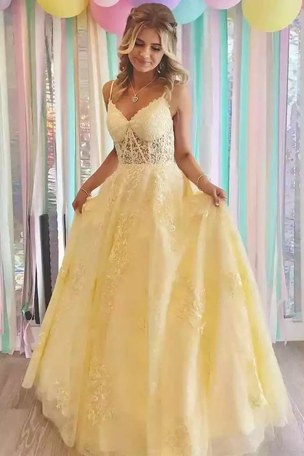 Elegant and charming chiffon A-line V-neck lace decal long formal sleeveless Prom Dresses