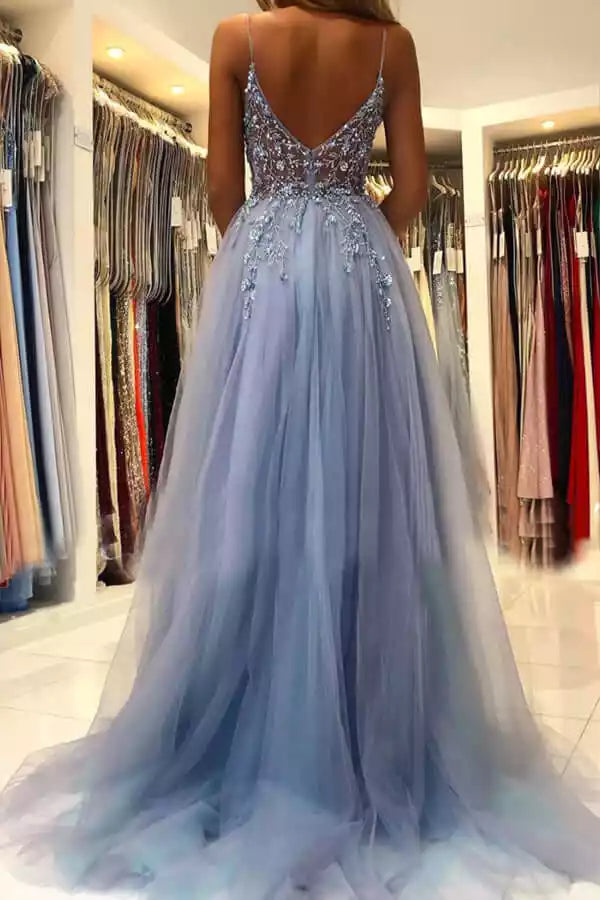 Elegant and flowing chiffon A-line V-neck bead sleeveless natural waistline back zipper and floor Prom Dresses