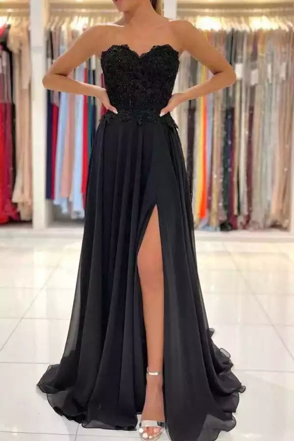 Elegant black strapless lace slit long formal dress, socialite banquet cool and sexy party dress