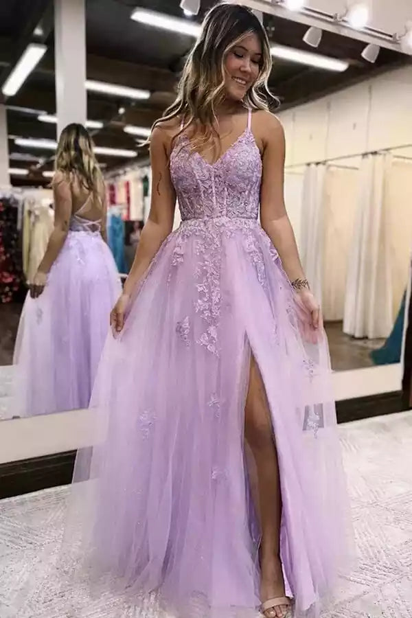 Elegant chiffon A-line V-neck side slit long style formal and down-to-earth Prom Dresses