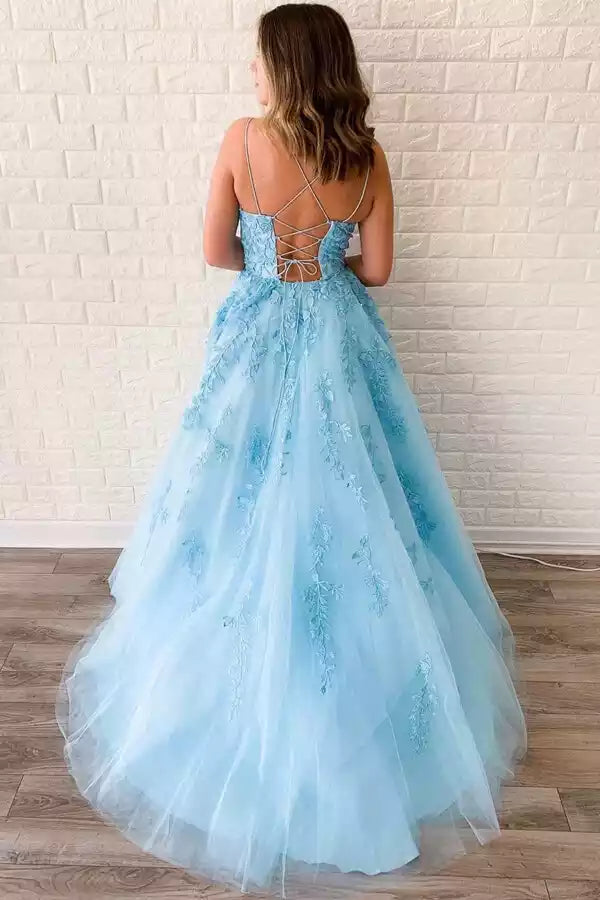 Elegant chiffon A-line round neck lace applique natural waistline sleeveless and floor Prom Dresses