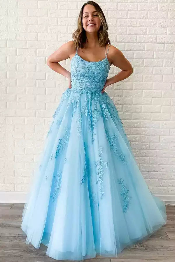 Elegant chiffon A-line round neck lace applique natural waistline sleeveless and floor Prom Dresses