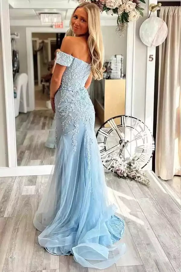 Elegant chiffon mermaid off shoulder heart-shaped lace decal Prom Dresses