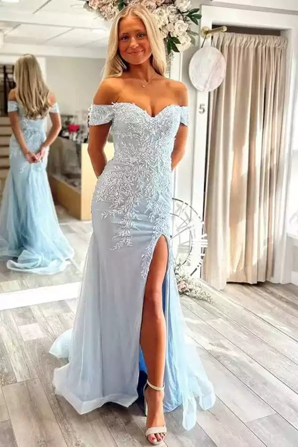 Elegant chiffon mermaid off shoulder heart-shaped lace decal Prom Dresses