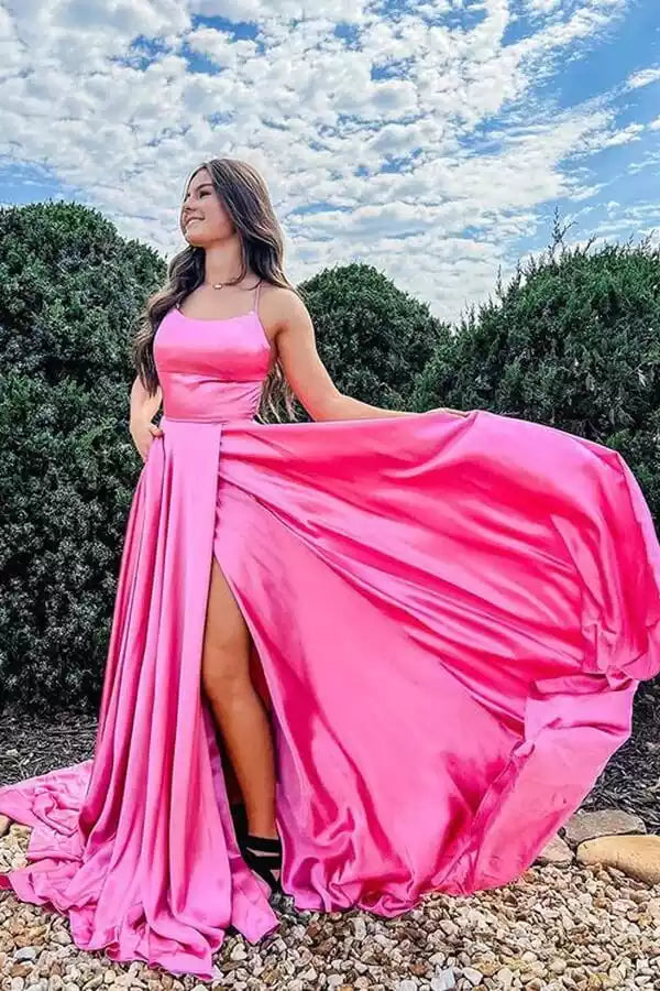 Elegant satin A-line round neck slit with sleeveless back strap and Prom Dresses