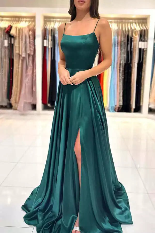 Elegant satin A-line square neck slit with sleeveless lace up back and floor Prom Dresses