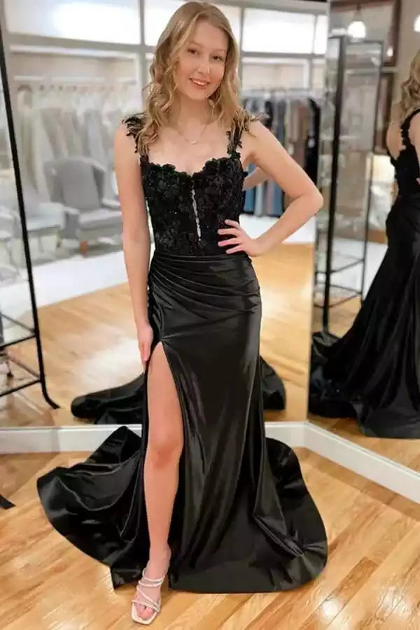 Elegant satin mermaid V-neck lace decal, slit sleeveless and floor Prom Dresses