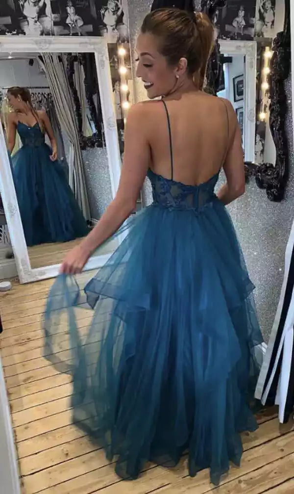 Elegant sheer A-line V-neck lace applique sleeveless and floor Prom Dresses