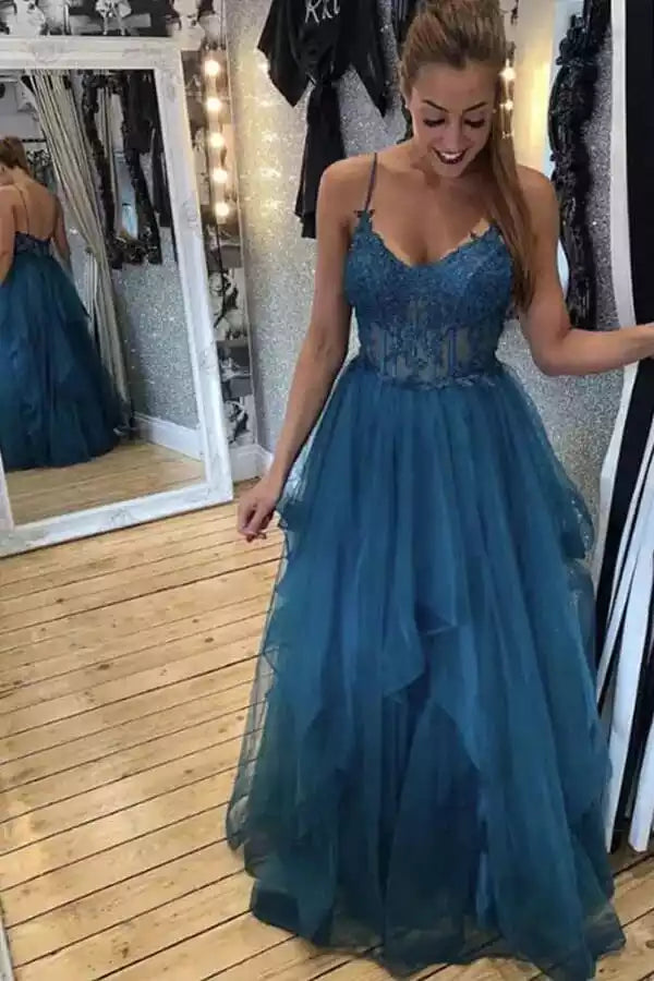 Elegant sheer A-line V-neck lace applique sleeveless and floor Prom Dresses