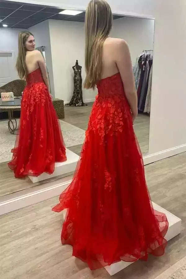 Elegant sheer A-line strapless lace applique sleeveless and floor Prom Dresses