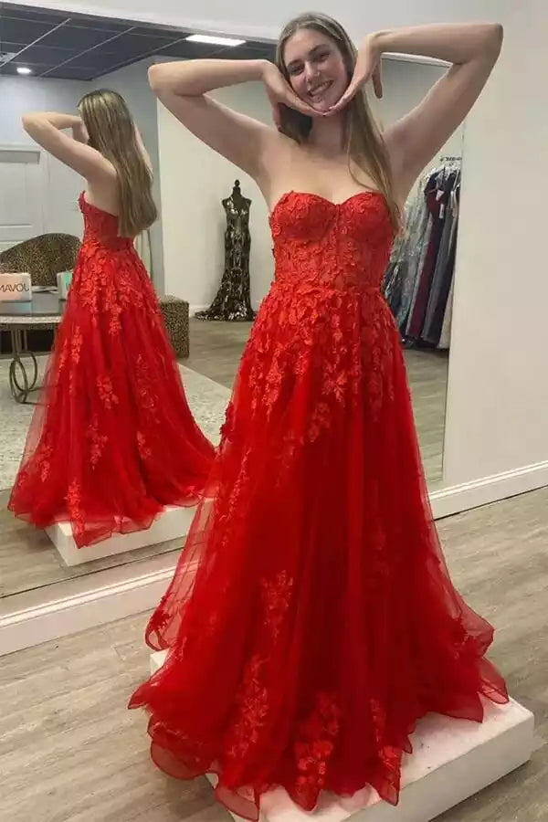 Elegant sheer A-line strapless lace applique sleeveless and floor Prom Dresses
